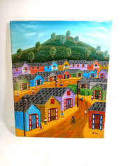 Vintage Haitian Outsider Art Painting, Village Scene, Signed J L Henry ’84