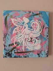 Original fantasy fairy wall art painting blue, pink, green & white on 8×8 canvas