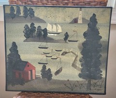 Hopr R Angier Folk Art Oil Painting Harbor Scene 15 X 18″ American Artist