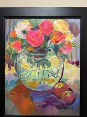 Martha Suhr Rolland Acrylic on Canvas Board Painting, Peaches and Roses