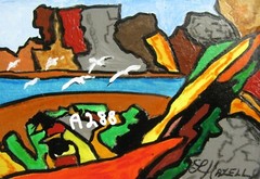 A288 ORIGINAL ACRYLIC ART ACEO PAINTING BY LJH „SEAGULLS OVER CANYON“