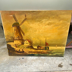 Windmill Seascape Boats Shoreline Buildings Landscape Painting Unframed