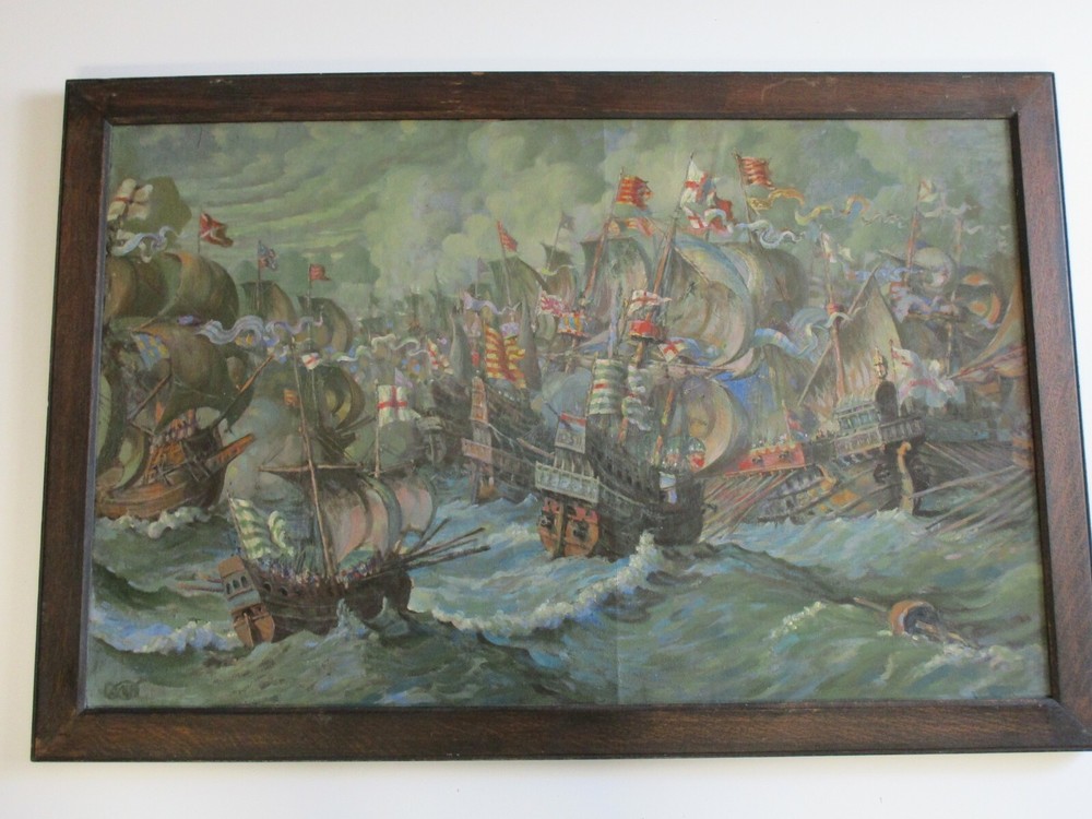 INCREDIBLE NAUTICAL LARGE OIL PAINTING ANTIQUE SHIPS MYSTERY ARTIST SIGNED PORT