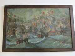 INCREDIBLE NAUTICAL LARGE OIL PAINTING ANTIQUE SHIPS MYSTERY ARTIST SIGNED PORT