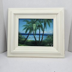 Framed Original Painting On Canvas Tropical Seascape w Palm Trees Signed 8×10