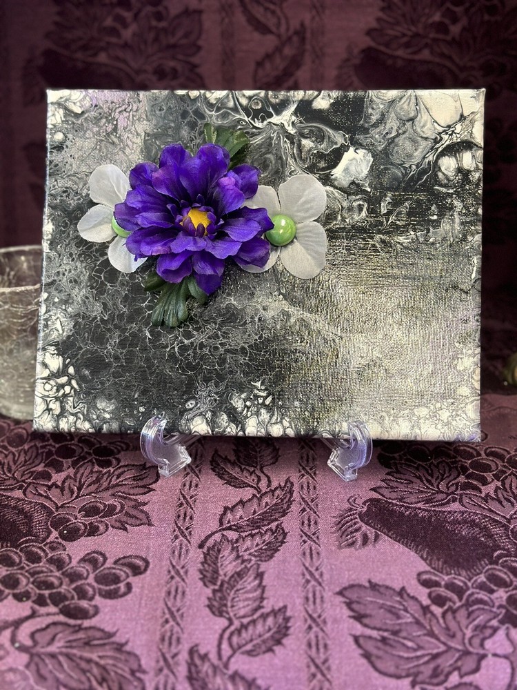 Hand painted Paint Pour 8 X 10 Black White Purple Flowers Wall Hanging Art