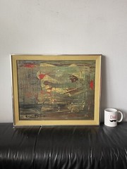 ANTIQUE MID CENTURY MODERN ABSTRACT OIL PAINTING OLD VINTAGE SIGNED 1957
