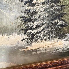 Vintage Oil or Acrylic Painting Winter River Scene Hand Carved Frame MCM Signed