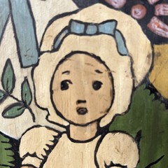 Vintage Primitive american folk art painting on wood Mom/baby/cat/toy/flower