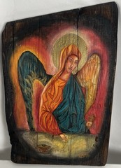 Hand-Painted Religious Icon on Wood – Angelic Figure – Signed ESTHER 1993