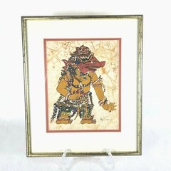 Hindu Fabric Painting of of Kumbakarna Wayang Kulit Shadow Puppet 16 x 13