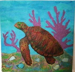 Painting Coastal, Sea Turtle with Sand and Sea Glass on Canvas