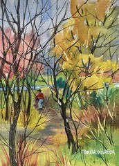 Pamela Wilhelm original 6”x8” Watercolor Woods Trail To The Fishing Hole
