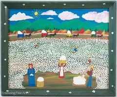 Rare Marie Elem Folk Art Painting Cotton Picking Mountain Landscape, Fine! 1997