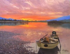 Original Oil Painting Montana Drift Boat Fly Fishing Sunset Trout River Haigh