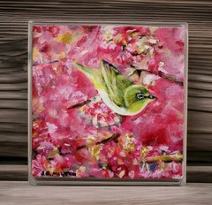 Original Art Painting Bird w/ Cherry Blossom Pink Flowers OOAK 6 X 6 Panel