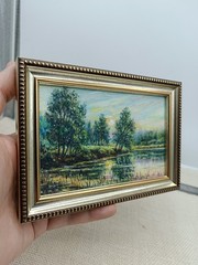 Original Oil Painting Forest Landscape with River 4×6 Signed Framed