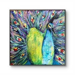 Neal 20″x20″Abstract Peacock Oil and Cold Wax on Wood Expressionsim
