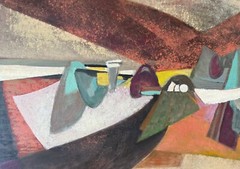Vintage MCM Abstract Shapes Oil Painting Modern Wall Art Schultz Mid Century 50s