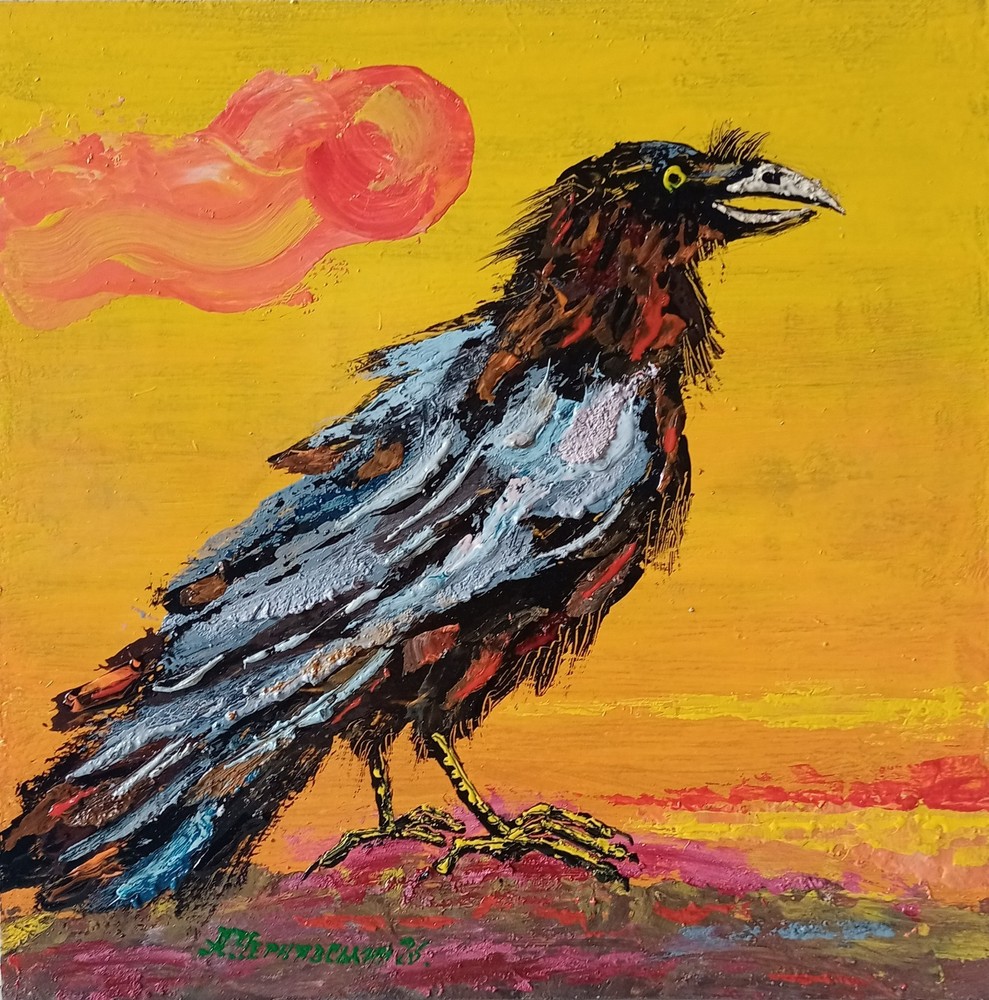Raven Impasto Painting Original Art Impression Oil Painting 9.8 x 9.8 in