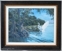 Stunning Phil Capen Oil Painting of Egret in Indian River, Florida Landscape