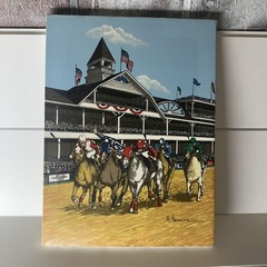 Horse Racing Oil On Canvas Signed “ H. Hargrove “ Day at the track BAY LEA