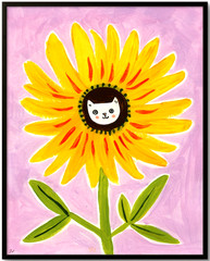 Sunflower Cat Flower Painting, Whimsical Cat Art 8×10
