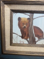 Vintage 1978 Brown Bear Cup Oil Painting Signed Judy Framed Rustic Cabin Art 5X7