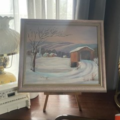 Vintage Winter Scene Red Barn Oil Painting Canvas Signed Lucille Woodward 14×12”