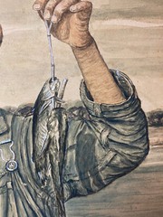 E. J. Rodriguez Painting 1941 of a Boy who Caught a Fish from a Dock
