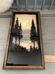 VTG Reverse Glass Painting Pine Trees at Sunset Mountain Scene Wood Frame Glass
