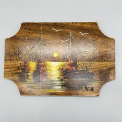 Vintage MCM Matson Fishing Boats Painting On Plaque 13 x 9 Inches Signed
