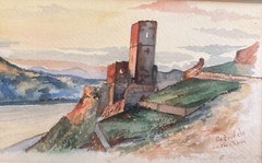 Set of Two Vintage Rhine Castles Views Watercolor Paintings Germany Signed