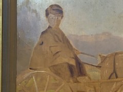 Antique Original Oil Painting on Board of Goat Pulling Child Farmer
