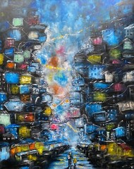 Cyberpunk Painting Cityscape Original Art Abstract Artwork City Wall Art Large