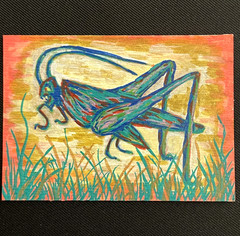 ACEO Original, Abstract Whimsy Grasshopper, Mini Art Painting, by Annibbie