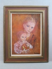 Mid-Century Mother and Child Female Portrait Painting, Original Framed Wall Art