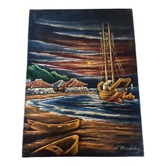 Vintage 1970’s Asian River Boat Scene Black Velvet Painting Picture 13.25X18