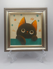 Cute Kitten Original Oil Painting Naive Painting 4×4 inches Signed and Framed