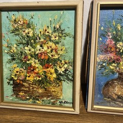 Two Small Vintage Original Oil Painting Wildflowers Still Life On Board Sign.