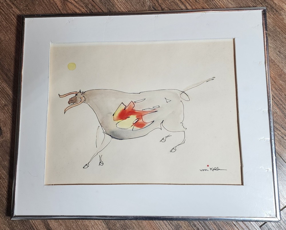 James Von Kohler Midcentury Ink & Watercolor Painting Famous bull NY Artist…