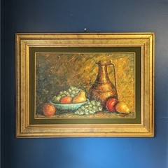 Large Vintage Oil Painting Gold Wood Frame Green Velvet Mat Still Life 42×24 Art
