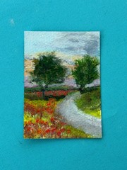 Aceo Red Poppy Road landscape nature meadow sunset peaceful impressionist style