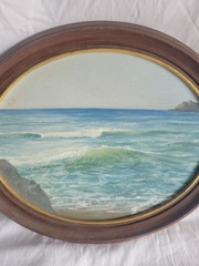 Michael Gallarda Original Oil Canvas Seascape Painting Signed Oval Wood Frame
