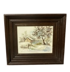 Vtg Original Oil Painting By Melton “Wintertime” Snow Scene Barn COA 13×15”