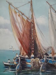 Marine P. VOLODTCHENKO Painting Oil On Isorel Animated ‚Fishermen‘ Circa 1950 🎨