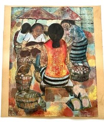SUKRID THAREENAK Modernist Thai Gouache Painting SIGNED Market Scene Ca. 1960s