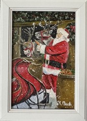 ORIGINAL OIL PAINTING SANTA CLAUSE DEER CHRISTMAS WINTER SIGNED FRAMED 4×6