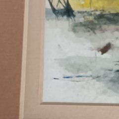 Watercolor Marsh Landscape Yellow Flower Grass Dunes Sky Matted Wood Frame 15×12