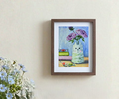 Vase cat oil painting 15×20 cm plants flowers painting on cardboard